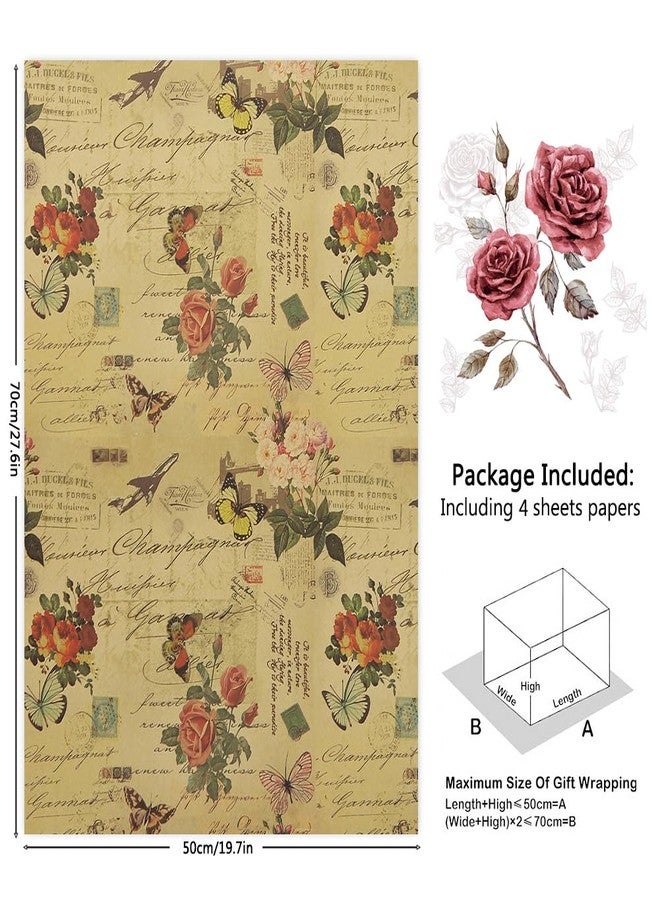 Boerni Retro Pink Roses Blossom Branches and Butterflies With Script Writing On Tan Wrapping Paper 28"(W) x20"(L) per sheet (6 sheets: 23 sq. ft. ttl.) for Birthday Weddings Valentines Bridal Shower - Image 2